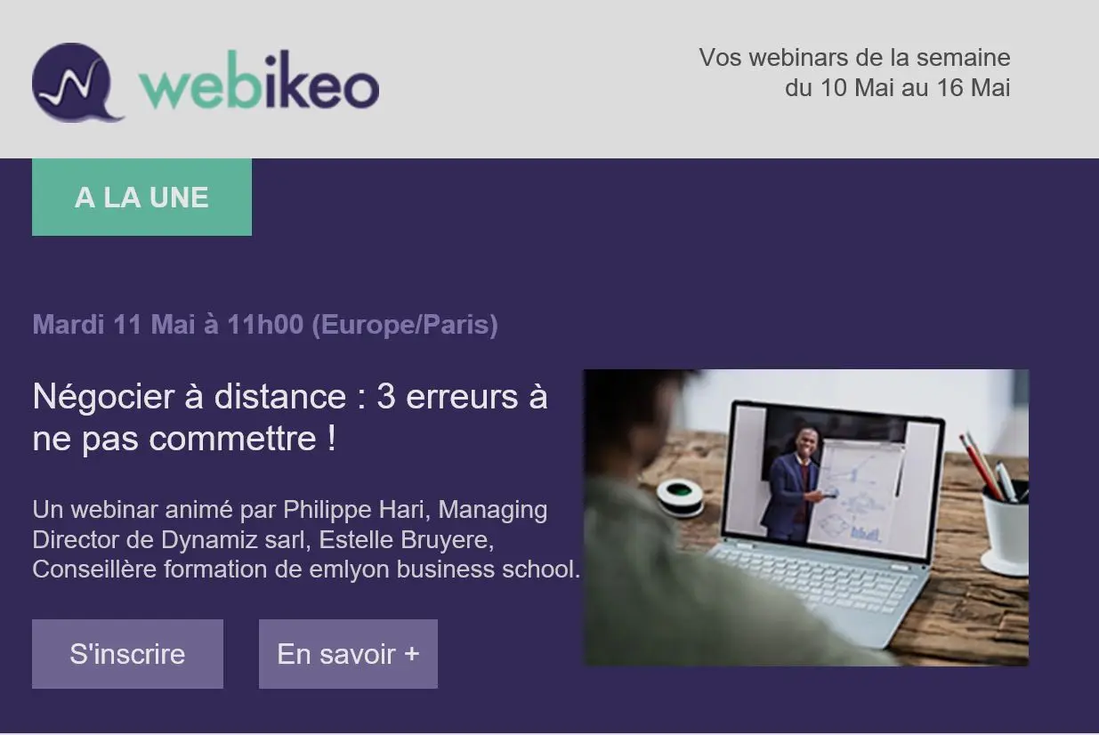 Annonce du webinaire en ligne à venir présenté par Philippe Hari sur Webikeo, intitulé 'Négocier à distance - 3 erreurs à ne pas commettre'