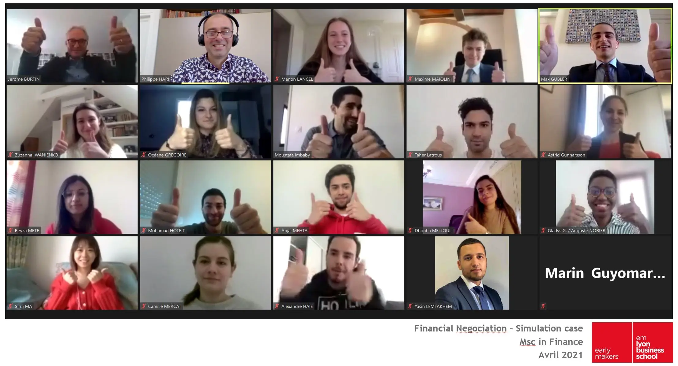 Capture d’écran du cours Financial Negotiation Seminar donné en ligne par Philippe Hari aux étudiants du MSc in Finance d’Emlyon